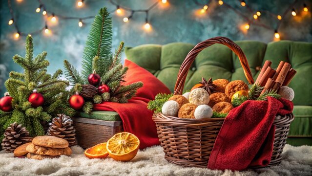 Festive Holiday Scene with Treats and Evergreen Branches in a Rustic Basket