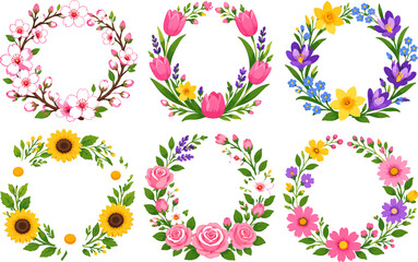 Fototapeta premium Colorful Floral Wreaths with Vibrant Flowers and Green Leaves in Circular Designs for Decorative Purposes