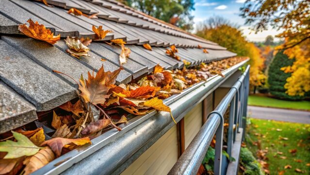 Autumn Leaves Clogged in Gutter Spout Needing Cleaning on House Roof