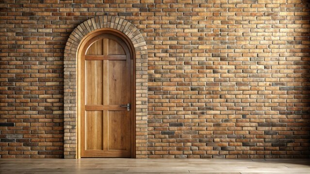 Rustic arched wooden door set within a textured brick wall, offering a simple yet elegant architectural detail for design inspiration.