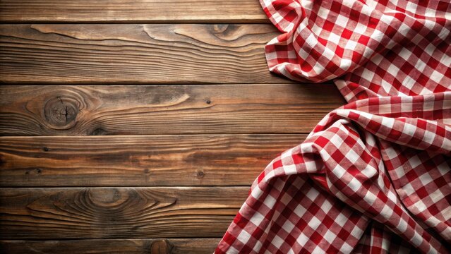 Rustic Wooden Surface with a Red and White Checkered Cloth Draped Artfully