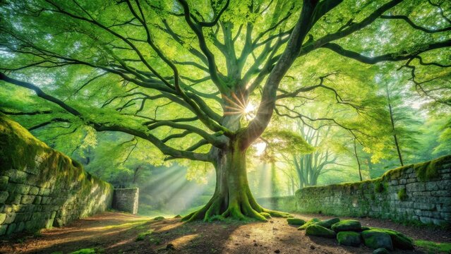 Ancient, moss-covered stone walls frame a majestic, sun-dappled tree in a serene forest scene.