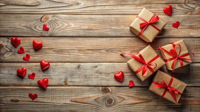 Rustic Wooden Background Featuring Wrapped Gifts and Scattered Hearts for a Romantic Occasion