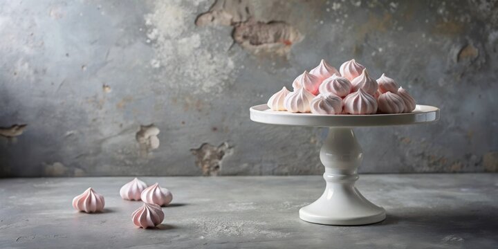 Delicate Pink Meringues on a White Cake Stand, Against a Textured Grey Background, a Culinary Still Life Featuring Sweet Treats