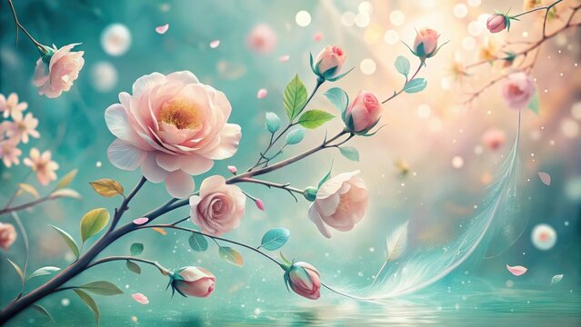 Enchanted Blossom Branch with Delicate Pink Roses and Floating Feather in Serene Aqua Setting