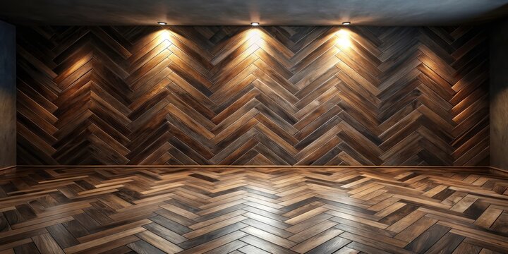 Illuminated Herringbone Wood Floor and Wall Design in a Room