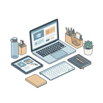 Office workspace, desk accessories, laptop, tablet, modern minimalistic setup isolated on White Background Back To School, Editable EPS