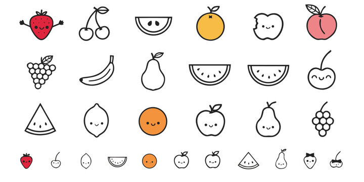 Cute kawaii fruit icons set with smiling faces featuring strawberries grapes bananas apples and watermelons in simple flat style