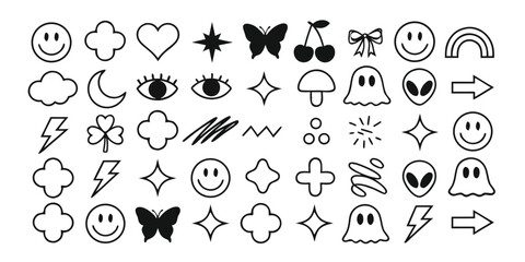 Obraz premium Minimalist hand drawn doodle elements collection with various cute icons like ghosts smiley faces and sparkles for digital art