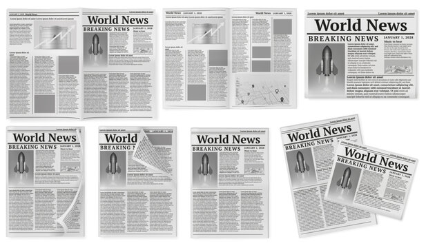 Newspaper with folded and unfolded editions with authentic newsprint texture and detailed page layouts. Vector editorial mockups set. Printed journalism and publishing assets for branding