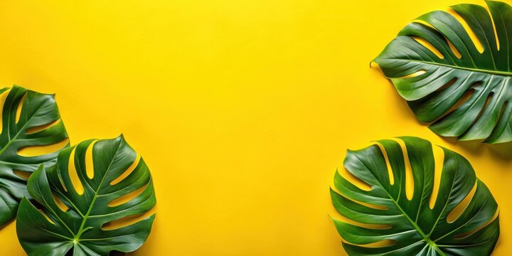 Vibrant Yellow Background Featuring Lush Green Tropical Foliage Arranged in a Corner Composition, Ideal for Summer Designs and Projects