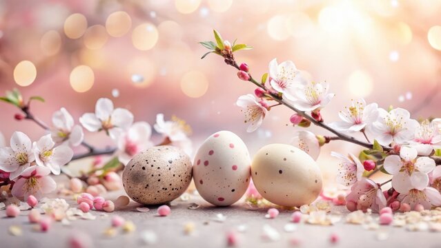 Decorative Easter eggs nestled amongst delicate spring blossoms, a pastel scene of springtime renewal and celebration