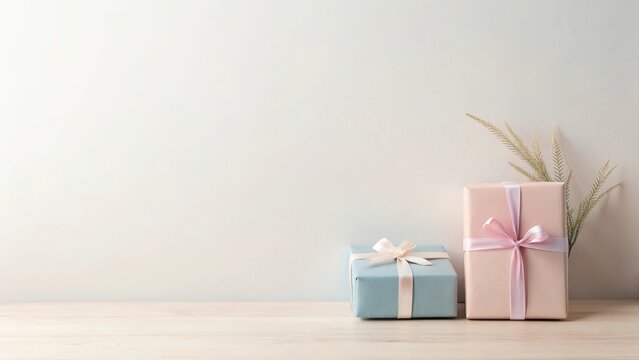 Pastel Presents Delicate Gift Boxes with Ribbon and Dried Flowers on a Light Wooden Surface