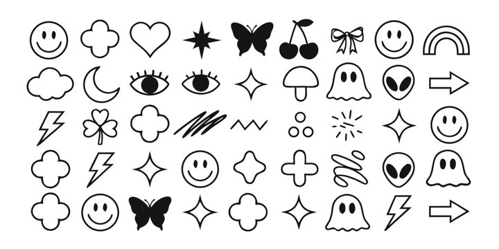 Minimalist hand drawn doodle elements collection with various cute icons like ghosts smiley faces and sparkles for digital art