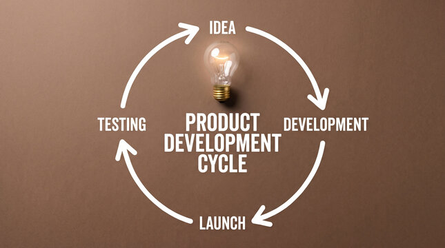 Glowing light bulb representing the product development cycle process on a smooth brown paper background