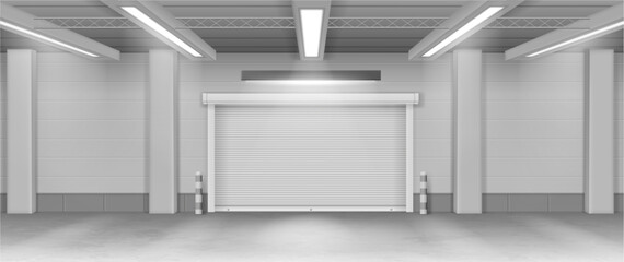 Obraz premium Warehouse interior with rollup gates and structural columns. Storage facility with overhead lighting and industrial architecture. Vector distribution hubs and service depots. Environment for logistics