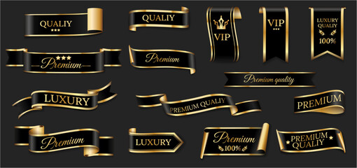 Naklejka premium Premium ribbon labels designed for luxury branding and product presentation. Decorative badges and refined typography. Vector exclusivity, quality and prestige. Packaging, certificates and invitations