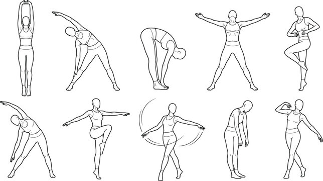 Minimalist stretching and workout poses line art vector illustration collection with female fitness figures