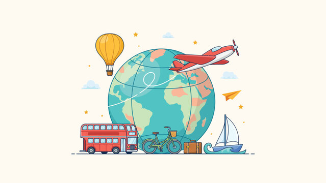 Global travel illustration with plane and globe airplane transportation adventure vacation navigation exploration