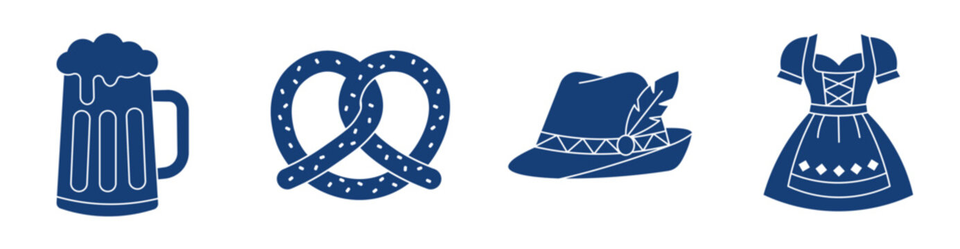 Oktoberfest Icon Set Beer Mug Pretzel Bavarian Hat Dirndl Dress Solid Blue Silhouette Graphic Illustration
