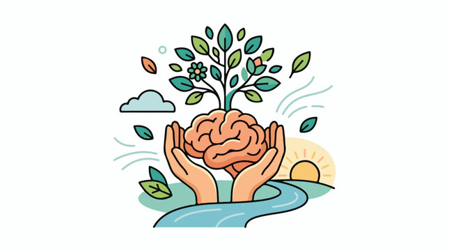 Caring hands nurture a tree growing from a brain symbolizing growth