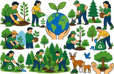 Fototapeta premium Vector Set of Eco Volunteers Planting Trees, Recycling Bins, Caring for Saplings, and Cleaning Nature with Hands and Tools
