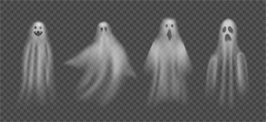 Obraz premium Scary Halloween ghosts, isolated evil poltergeists. Vector transparent ghoul or spirit monsters silhouettes with spooky faces. Horror holiday, flying phantoms or nightmare shadows foggy figures
