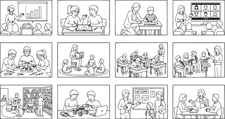 Obraz premium Classroom interior line art vector set
