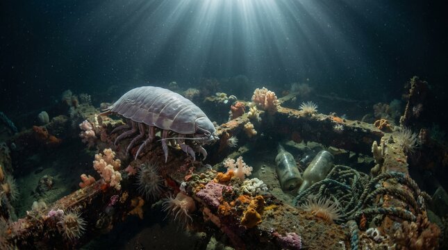 Giant isopod exploring a sunken shipwreck under ocean sunlight