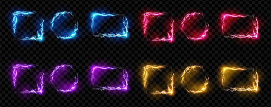 Lightning frames. Rectangular, square and circular borders illuminated with electric energy. Glowing plasma edges with radiant sparks and luminous currents. Vector posters and gaming graphics