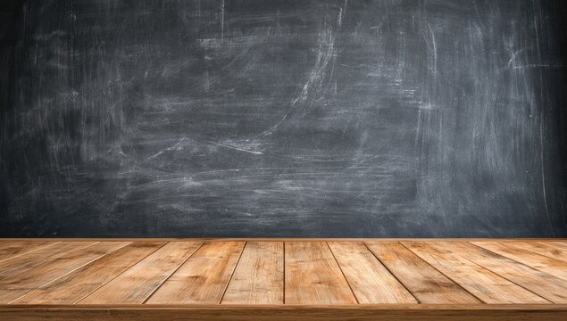 Wooden tabletop and a dusty chalkboard backdrop, evoking a classroom or study setting