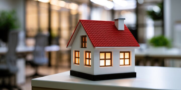 Miniature illuminated house model on a desk in a blurred office setting