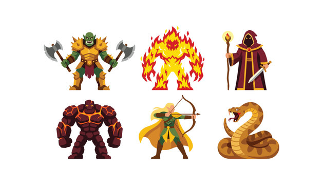 Fantasy game character vector set featuring orc warrior fire elemental dark mage golem elf archer and giant snake monster