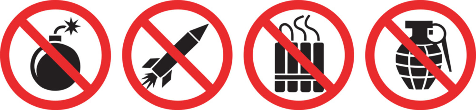 Prohibited weapons icon collection featuring no bomb, no missile, no dynamite, and no grenade warning symbols for restricted zones, workplace safety, security checkpoints, public facilities,