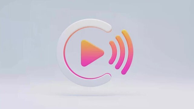 A colorful play button icon with sound waves is displayed prominently.