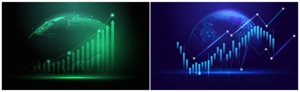Glowing financial graphics with market dashboards. Accounting panels with statistical charts, investment indicators and trading diagrams. Vector price analysis, business metrics and economic trends