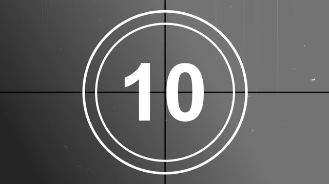 Old film 15 second countdown animation 15 to 0 classic retro movie countdown grain noise cinematic intro. High-quality 4K