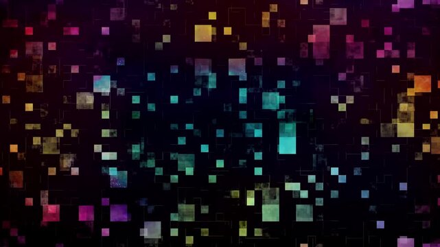 Abstract cyberpunk digital squares background loop with glitchy neon glowing pixels shifting on a dark grid.