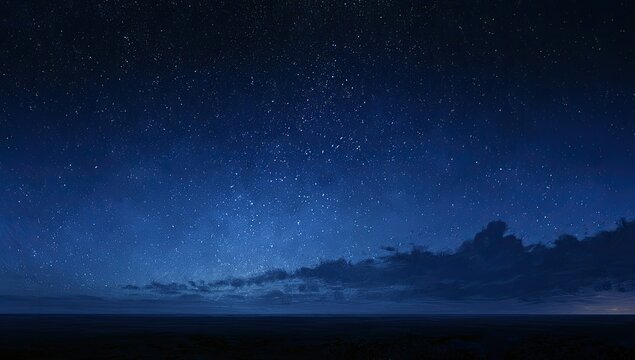 Vast, starry night sky over dark, flat terrain with faint clouds