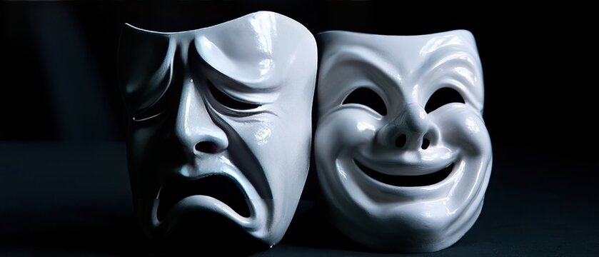 Two stark white theatrical masks, one depicting sorrow, the other joy, are set against darkness