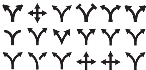 Fototapeta premium Road arrows vector icon set featuring isolated directional symbols, traffic guidance graphics, route navigation elements, roadway markings, and transportation illustrations for GPS systems, 