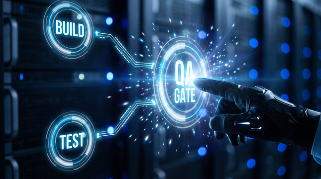 Digital finger touching a glowing interface representing quality assurance gate process in a modern server room