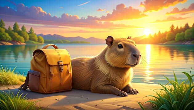 Capybara Sunset Chill with Backpack by Lakeside