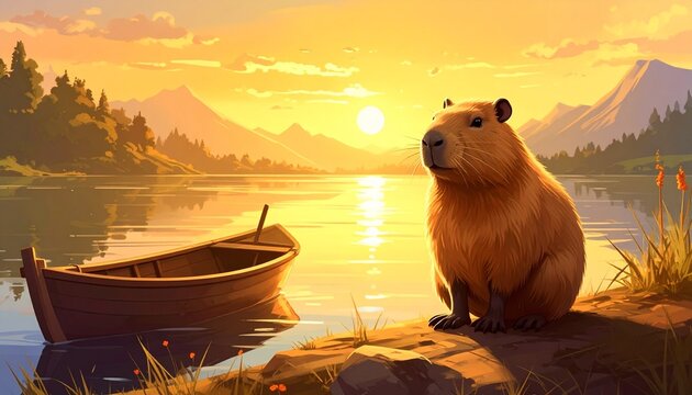 Capybara Sunset Chill by Serene Lake with Wooden Boat Nearby