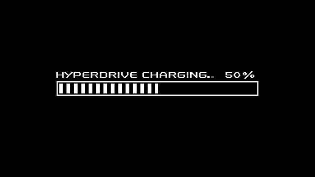 Retro pixel art hyperdrive charging loading progress bar animation zero to one hundred percent isolated on black background for arcade video game UI in 4K resolution
