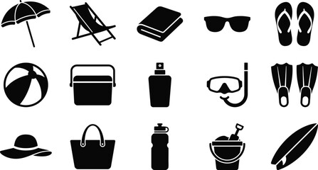 Premium black and white silhouette collection set of beach vacation icons © MstHasna