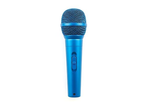A vibrant blue microphone captured in a clean studio setting for professional vocal recording and live music performance audio equipment