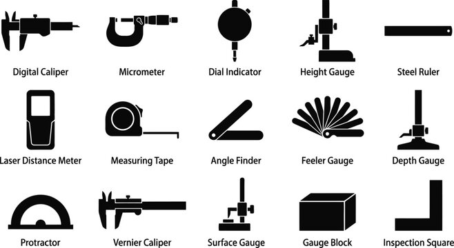 Premium black and white silhouette collection of measuring and testing tools