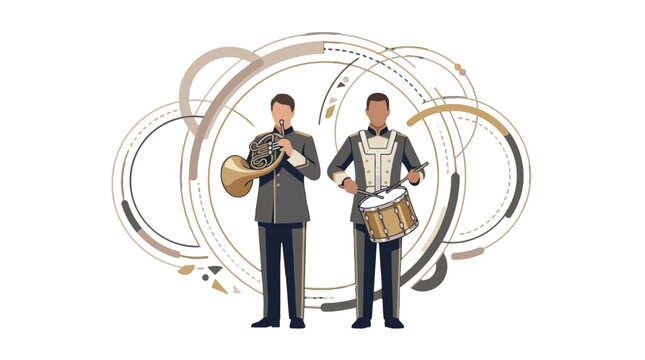 Marching Band Musicians Playing French Horn and Drum Vector Art