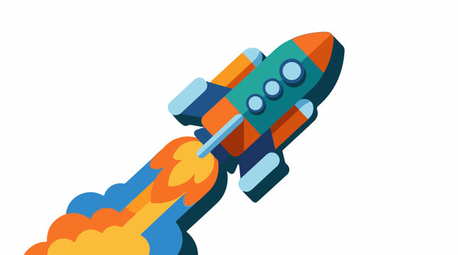 Cartoon rocket ship blasting off with vibrant flames and smoke trail
